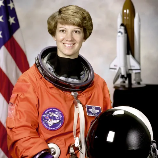 Official portrait of astronaut Eileen Collins with a flag and a shuttle model behind her